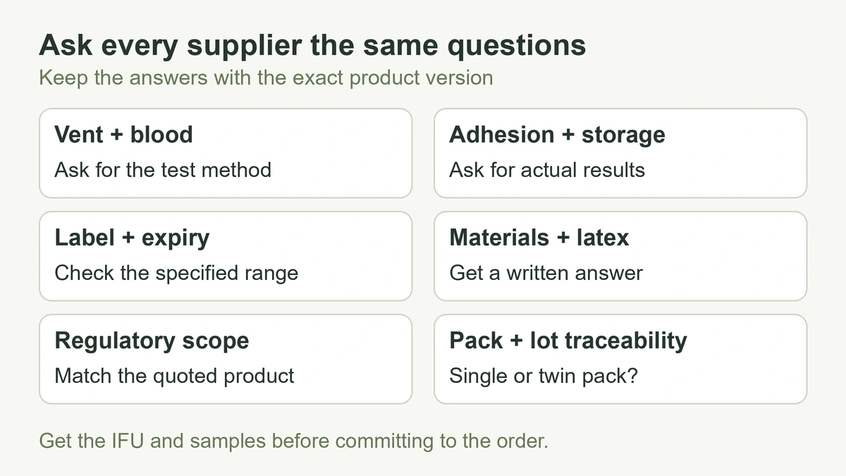 Supplier questions covering vent tests with blood, adhesion and storage, labels and expiry, materials and latex, regulatory scope, and pack and lot traceability.